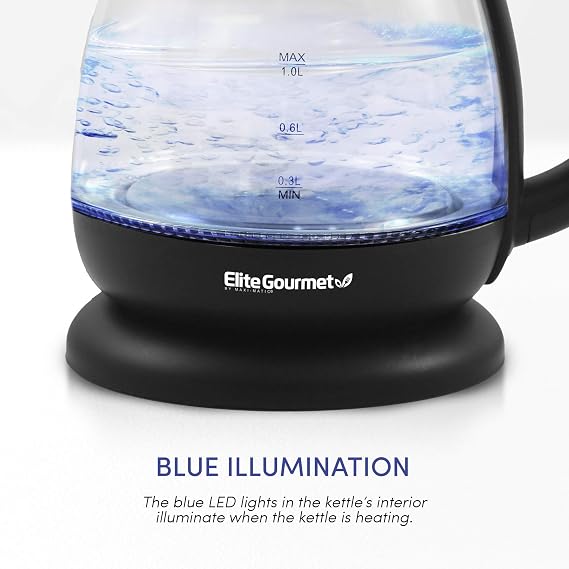 Elite Gourmet EKT1001 Maxi-Matic 1L Glass Electric Tea Kettle Hot Water Heater Boiler BPA-Free with Blue LED Interior Fast Boil and Auto Shut-Off, Black